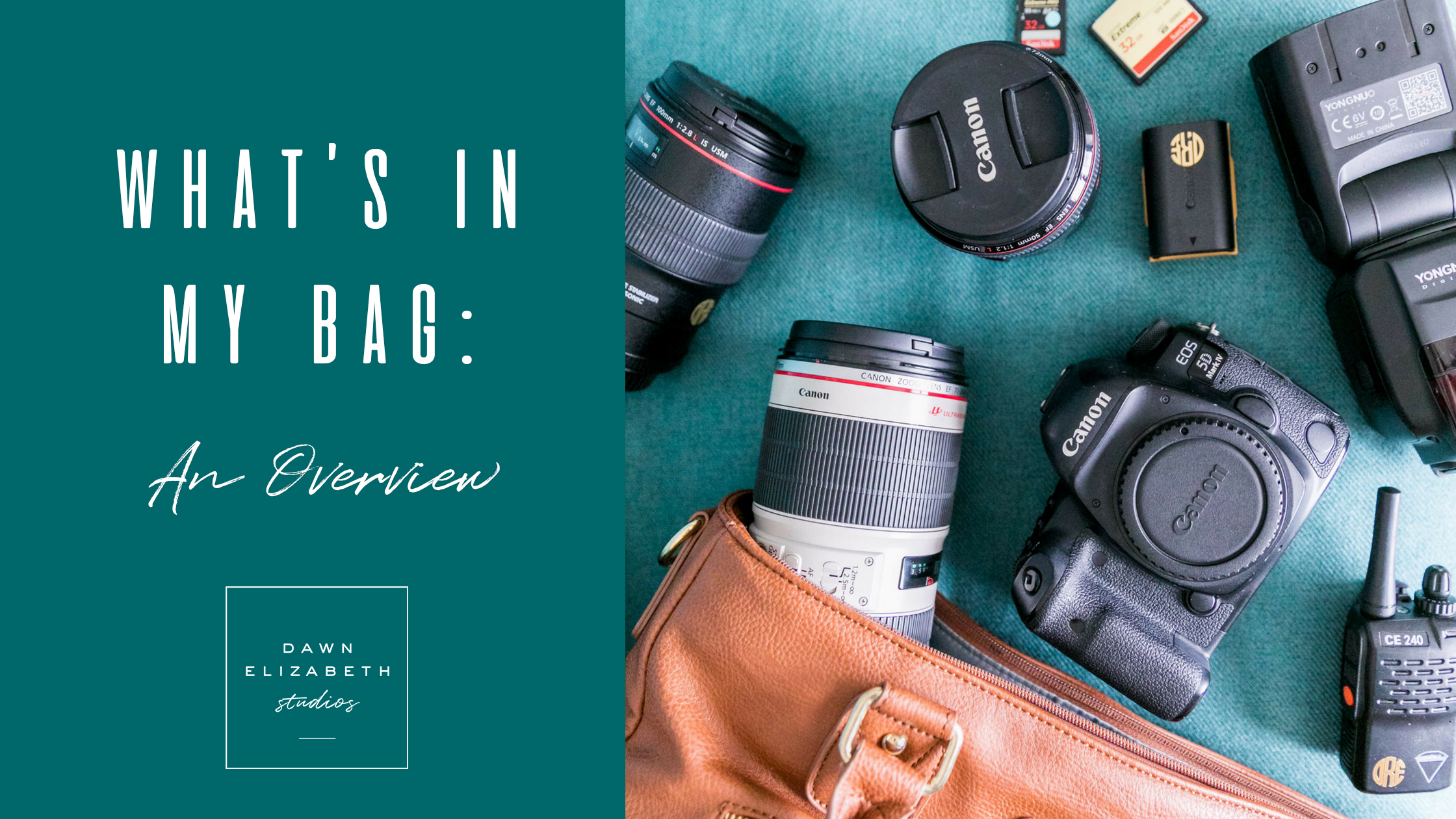 What's in my bag - An Overview by Dawn Elizabeth Studios, a San Antonio Based Wedding Photographer. Dawn shares her favorite Canon cameras, lenses and accesories